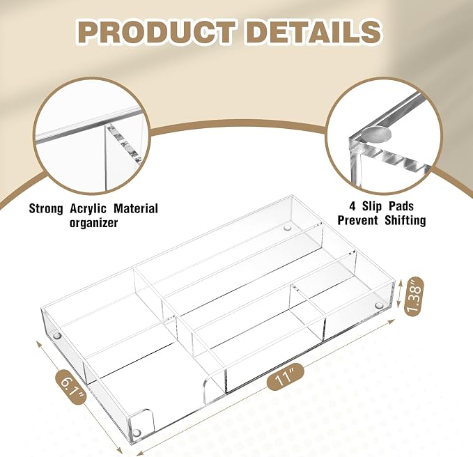 Briwooody Clear Acrylic Drawer Organizer, 6 Compartments, Small | 11 x 6.1 x - Image 2