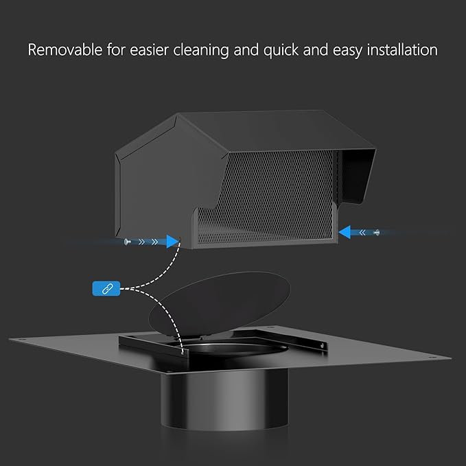 Hon&Guan 6 Inch Removable Roof Vents Roof Dryer Vent Cap for Houses Galvanized Steel 6 Inch Exhaust Vent for Ventilation System-with Damper, Black.