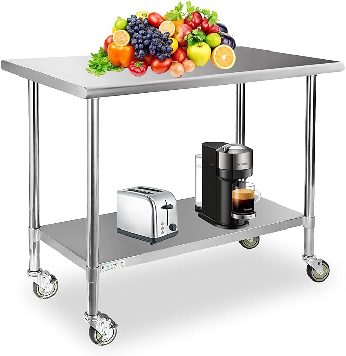 STABLEINK Stainless Steel Table with Wheels 24 x 48 Inches 4ft, NSF Commercial Prep & Workbench with Adjustable Undershelf, for Commercial Kitchen, Restaurant, Laundry, Hotel and Garage