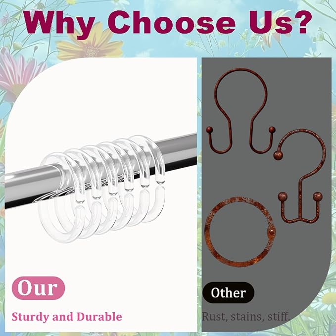 Resze 24 PCS Shower Curtain Hooks, Plastic Clear Shower Curtain Rings | Shower - Image 3