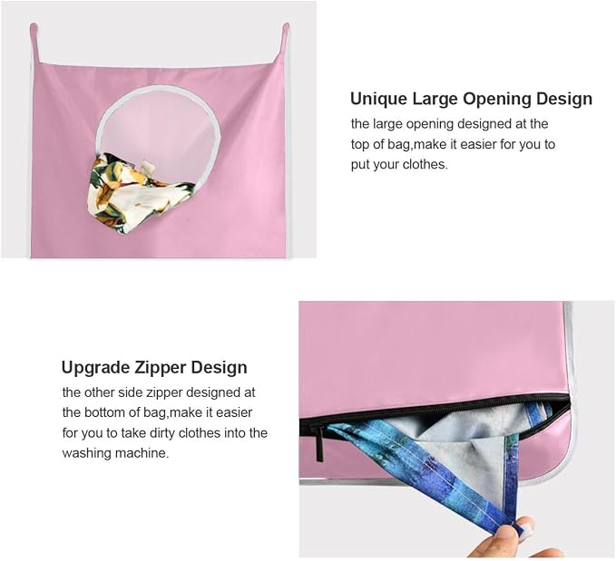 2PCS Pink Hanging Laundry Hamper Bag Over the Door Laundry Hamper Wall Hamper - Image 4