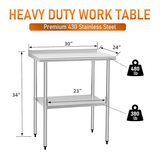 HOCCOT Stainless Steel Table 24" x 30" with Adjustable Undershelf and Backsplash, Commercial Metal Workstations for Kitchen, Garage, Outdoor BBQ