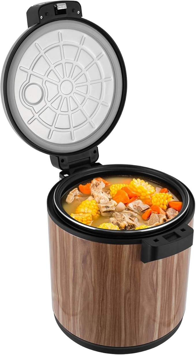6-Gal Electric Rice Warmer | Two Temperature Settings | 110V 110W Commercial Food Warmer with Flip Lid & Rice Spoon for Parties, Festival Banquets, Catering (Wood Grain/American plug 110V)