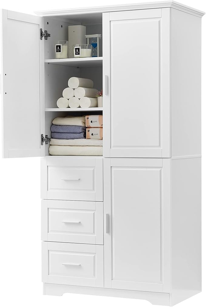 Storage Cabinet with Three Drawers and Doors, Wide Pantry Cupboard for Kitchen, Living Room and Bathroom, Adjustable Shelf, White