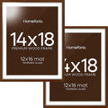 Homeforia 14x18 Picture Frame Brown, High End Dark Oak 14x18 Poster Wood Frame with Mat 12x16 for Photo, 14 x 18 Wooden Walnut Frame Matted to 12 x 16, 18x14 Frames, Tempered Glass, Wall Kit, Set of 2