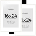 Homeforia White Picture Frame 16x24, High End Oak White 16x24 Frame with Mat 12x18 Photo, 16 x 24 Wooden Poster Frames Matted to 12 by 18, 24x16 Wood Hanging Frames, Tempered Glass, Wall Kit, Set of 2