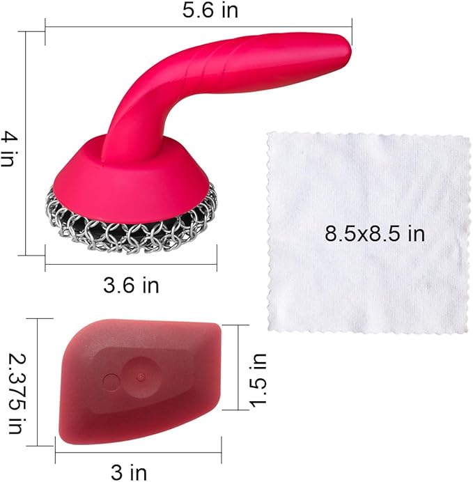 Cast Iron Scrubber with Pan Scraper & Towl, 316 Chainmail Scrubber with Long Handle, Upgraded Chain Mail Scrubber Cleaner for Grill Pan Skillet Wok Carbon Steel Dutch Oven Metal Brush (Red)