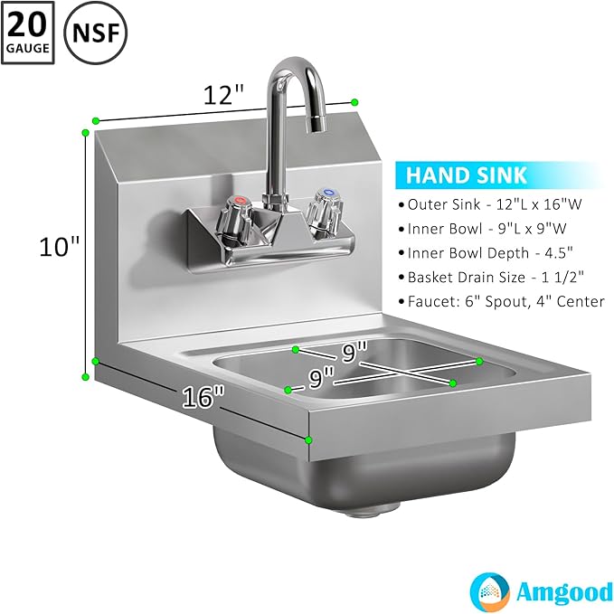 AmGood Stainless Steel Wall Mount Hand Sink 12" x 16" | NSF Commercial Hand Washing Basin with Faucet For Restaurant, Kitchen and Home | Bowl Size: 9" x 9"