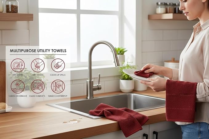 Dark Red Brick Kitchen Hand Dish Towels, 100% Cotton - Image 3
