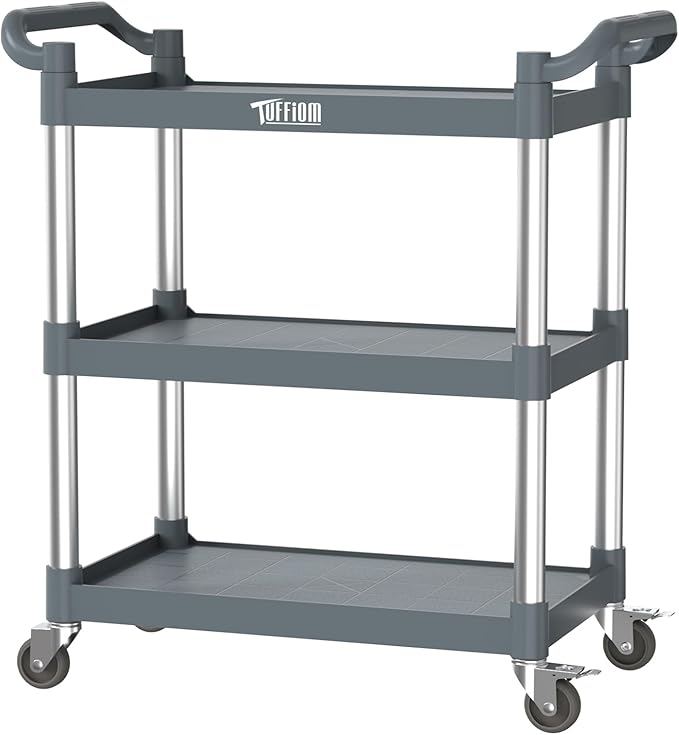 TUFFIOM 3-Tier Plastic Service Utility Cart with Wheels,Heavy Duty 390lbs Capacity,Commercial Rolling for Restaurant, Foodservice, Office, Warehouse, Gray 34.8''L x 17.4''W x 38.6''H