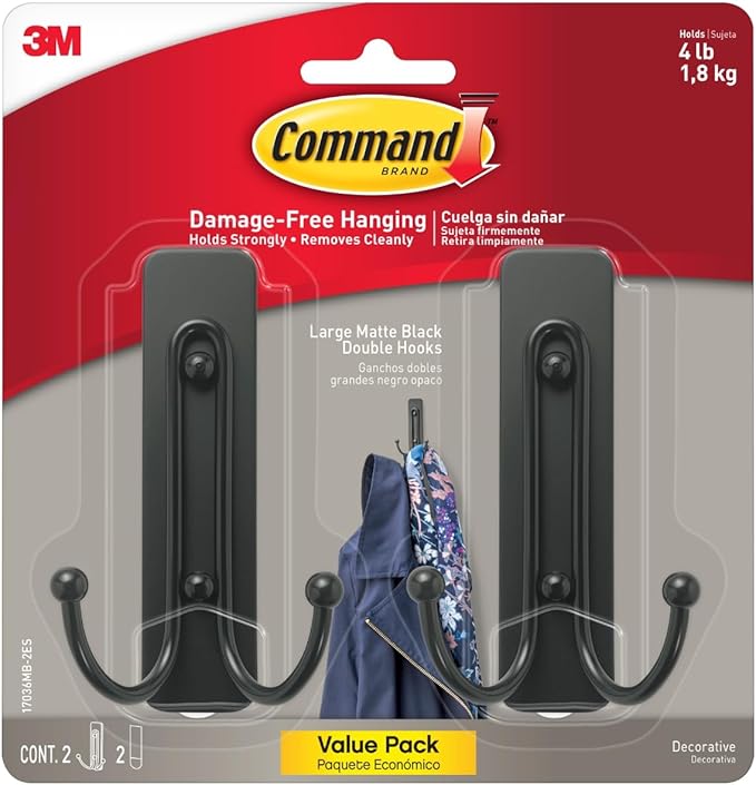 Command Large Matte Black Double Hooks, 2 Hooks and 2 Strips, Damage Free by Unknown