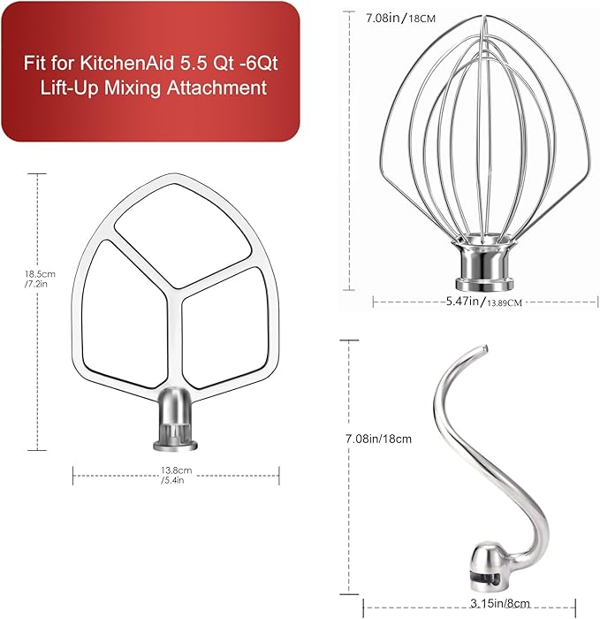 Stainless Steel 3 Piece kit Attachments for KitchenAid Stand Mixer and 5.5-6 Quart Bowl, Dishwasher Safe (5.5-6QT Flat Beater, 6QT Dough Hook, KN256 6-Wire Whip Attachment)