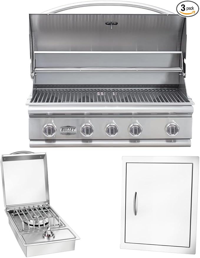 Bullet by Bull Stainless Steel Outdoor Kitchen Set - Built-In Natural Gas Grill, Perfect for Entertaining -BBQ Kitchen Isl& Bundle - Includes 5 Burner Grill, Single Access Door & Side Burner
