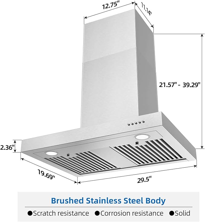 Wall Mount Range Hood 30 Inch T Shape 900CFM Stainless Steel Vent Hood with Split Type Permanent Grease Baffle Filter, Stove Hood Chimney Style Kitchen Exhaust Fan, Ductless Convertible