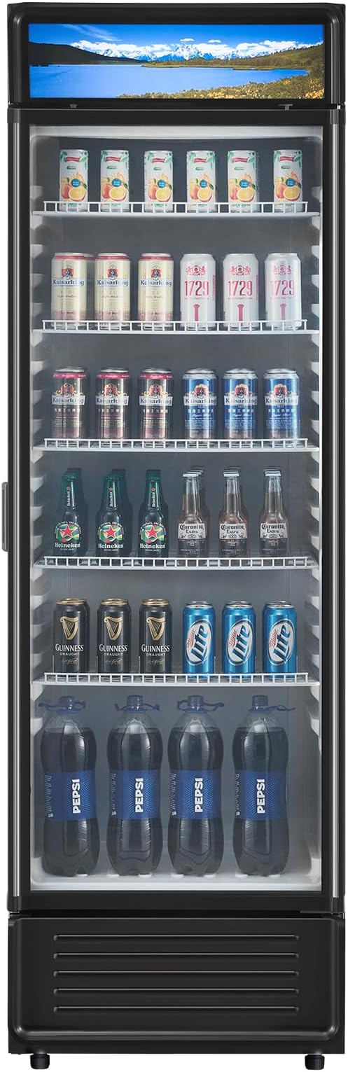 VEVOR Commercial Merchandiser Refrigerator, 12.2 CU.FT Glass Door Display Refrigerator, Beverage Cooler Merchandiser with Adjustable Shelves, Soft LED Light, Customizable Lightbox, Black