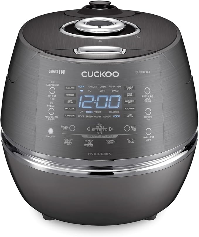 CUCKOO High Pressure Rice Cooker 6-Cup Uncooked / 12-Cup Cooked with Induction Heating Technology, Versatile Rice Maker with 21 Menu Options and Steam Plate, Voice Guide, Dark Gray (CRP-DHSR0609FD)