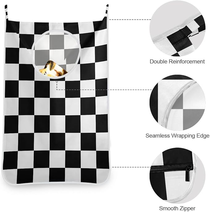 Checkered Black and White Hanging Laundry Hamper Door Hampers Bag Basket - Image 5