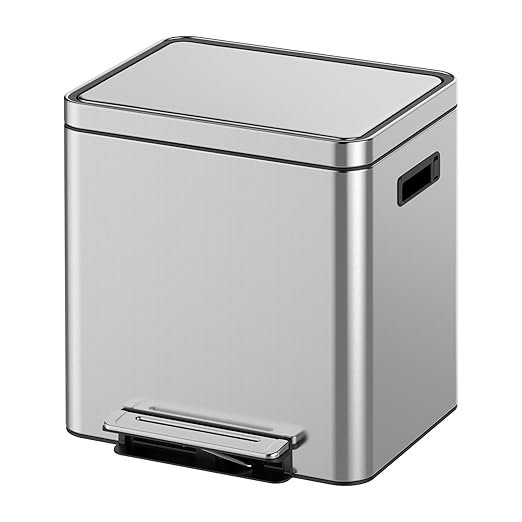 Dual Compartment Trash Can - 2 X 4 Gal (2 x 15L) Stainless Steel Trash Can, Double Sorting Bin with Soft Close Lids, Removable Inner Bucket, Step-on Recycling for Kitchen Home Office