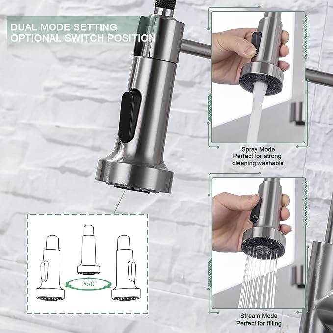 WEWE Pull-Down Kitchen Faucet, 2-Mode Sprayer, Brushed Nickel | 17-Inch Height - Image 3