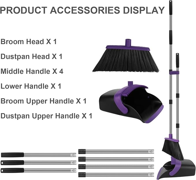 Purple Broom and Dustpan Combo Set, Extended Reach Design, Built-in Comb Dustpan - Image 5