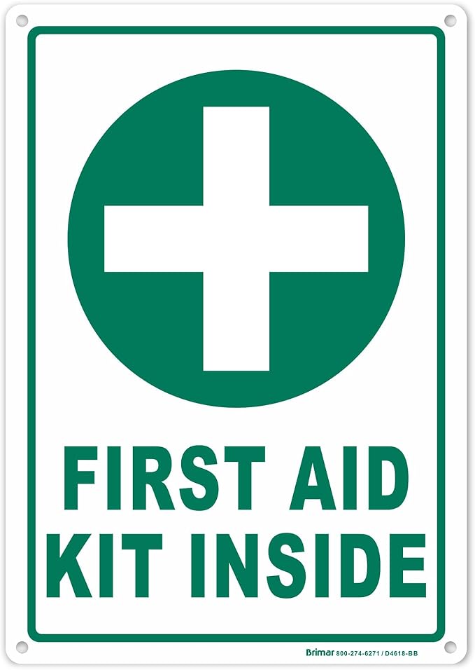 Brimar - 7" x 10" - First Aid Kit Inside Sign - Polyethylene Plastic - Bold Text And Symbol - Easy Installation
