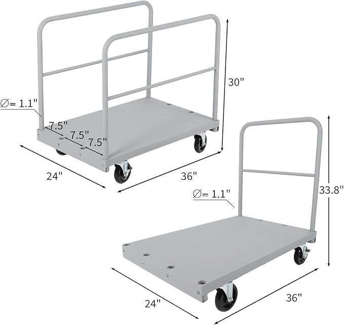 Steel Panel Truck Cart 36x24 inch, 2 in 1 Industrial Grade Platform Truck with 2200 LBS Capacity, Heavy Duty Drywall Dolly with 2 Removable Side Handrails & Swivel Wheels