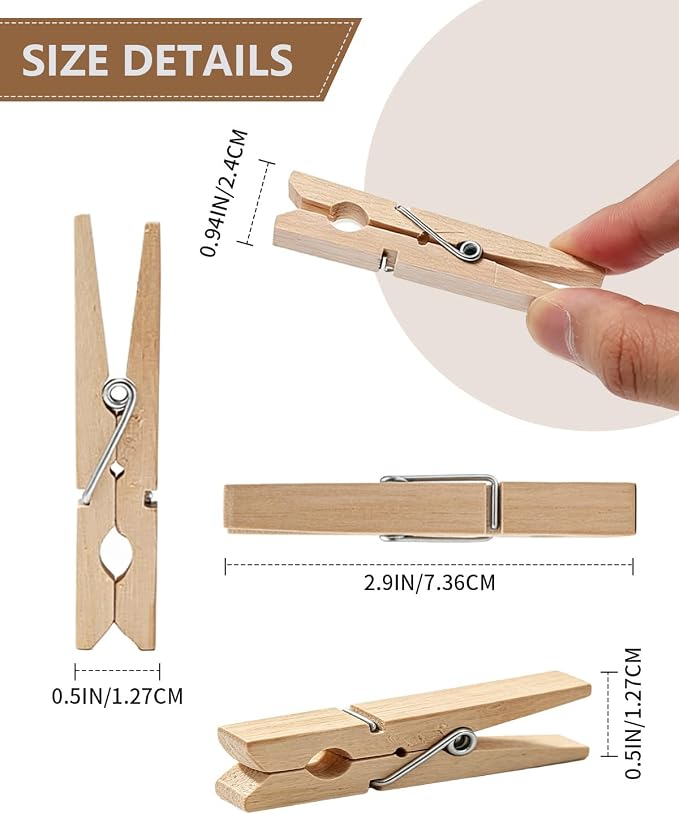 50 Pack Clothes Pins Wooden 2.9 Inch Wood Clothespins Heavy Duty Large | Close - Image 3