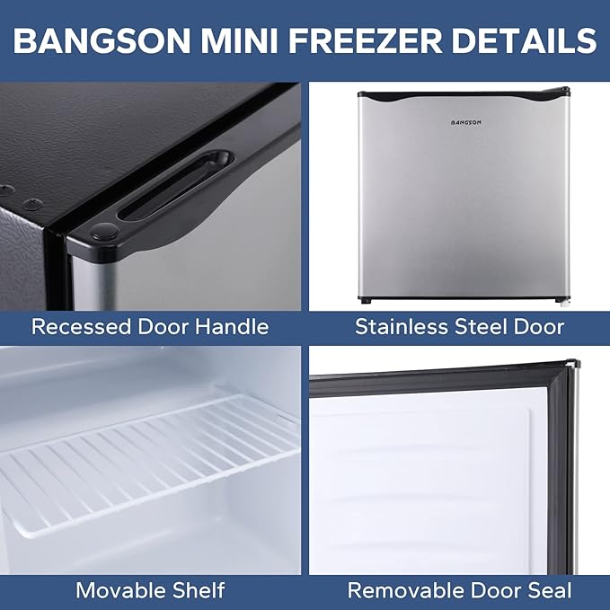 BANGSON Upright Freezer,1.1Cu.ft Mini Freezer with Removable Shelf, Single Door Compact Freezer for Home, Kitchen, Office, Apartment(Silver)