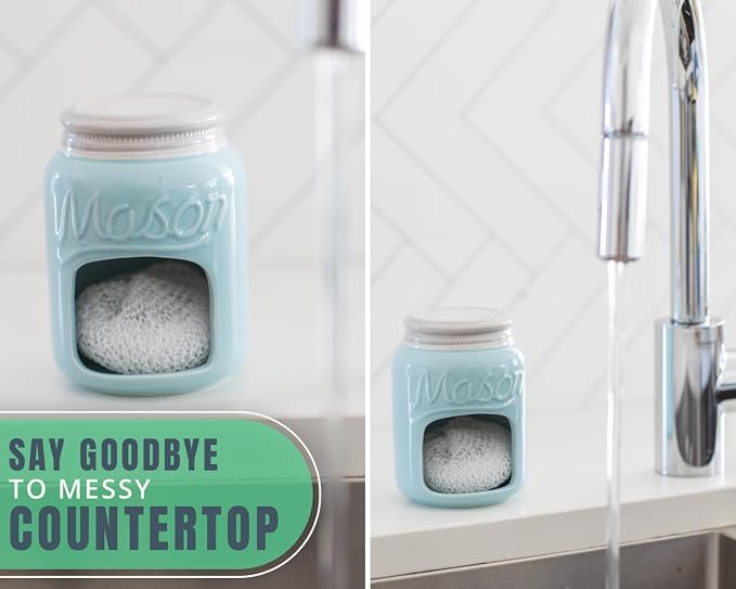 Comfify Aqua Blue Mason Jar Ceramic Sponge Holder – Farmhouse Sink Caddy - Image 4