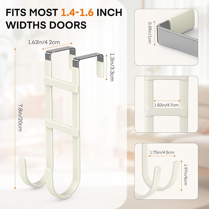 FYY Over the Door Hooks, Double-Hanger 2 Pack, Fits Doors 1.6" Beige | Heavy - Image 2