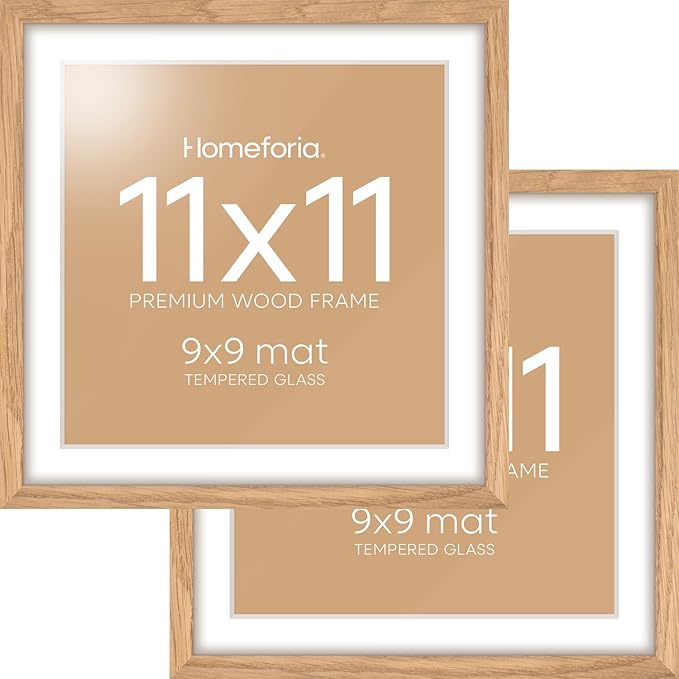Homeforia 11x11 Picture Frame Wood, High-End Natural Oak 11 x 11 Thin Square Poster Frames with Mat 9 by 9 inch Photo, 11by11 Light Wooden Frame Matted to 9x9 Print, Tempered Glass, Wall Kit, Set of 2