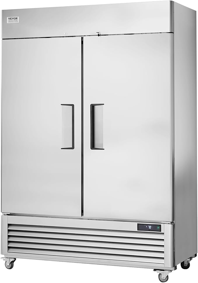 VEVOR Commercial Refrigerator 44.21 Cu.ft, Reach In 54.4" W Upright Refrigerator 2 Doors, Auto-Defrost Stainless Steel Reach-in Refrigerator with 8 Shelves, 33 to 41℉ Temp Control, LED Light, 4 Wheels