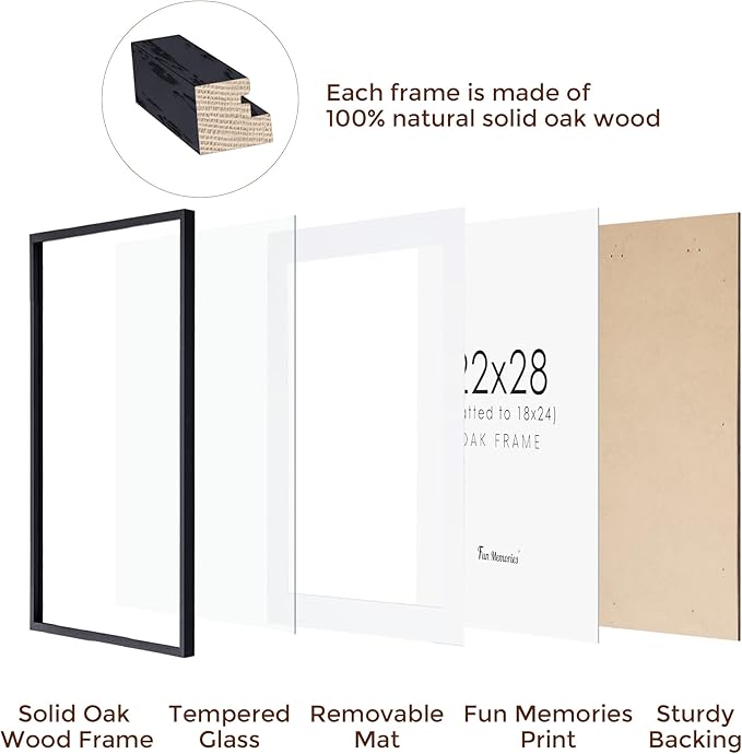 22x28 Black Picture Frame, 22x28 Poster Frame - Solid Oak Wood and Tempered Real Glass, 22x28 Frame with Mat for 18x24, Black Wood Frame 22 by 28, 22"x28" Art Frame
