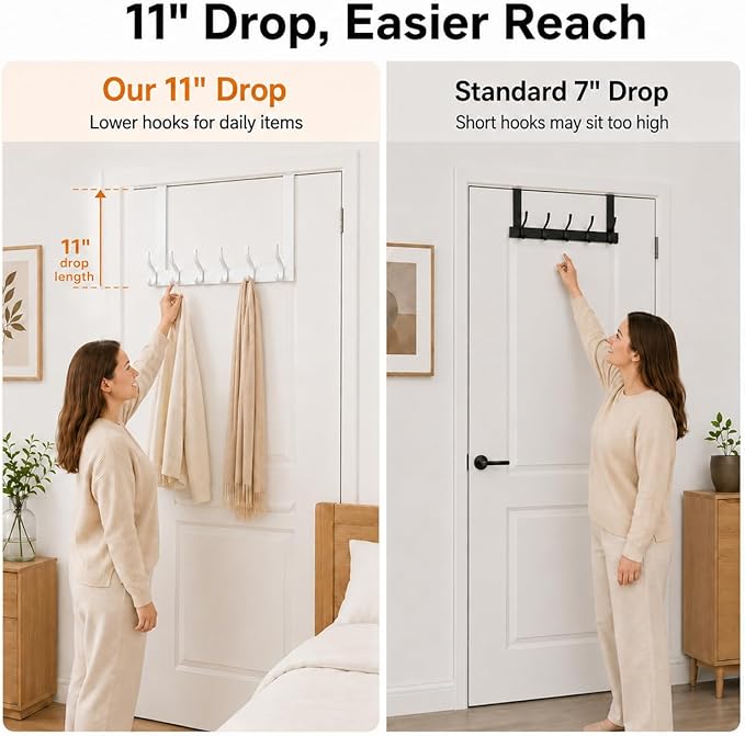 Peasulin Over The Door Hook Rack 11", 6 Double Hooks 12 Hanging Positions | - Image 2