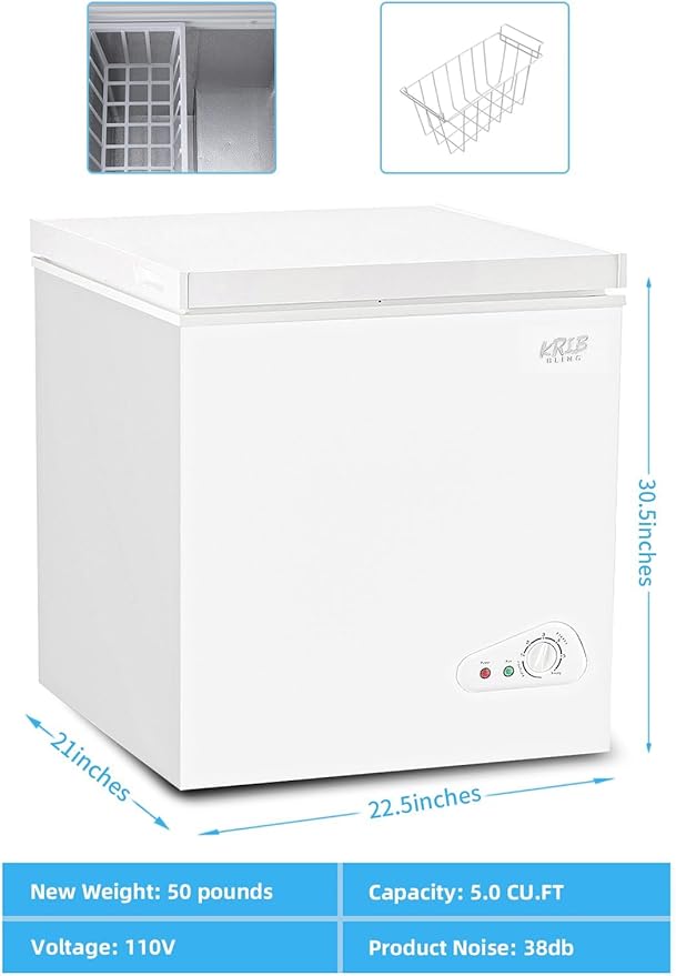 Chest Freezer 5.0 cu.ft Mini Adjustable 7 Thermostat Compact Deep Freezer Top Door Low Noise with Removable Basket White