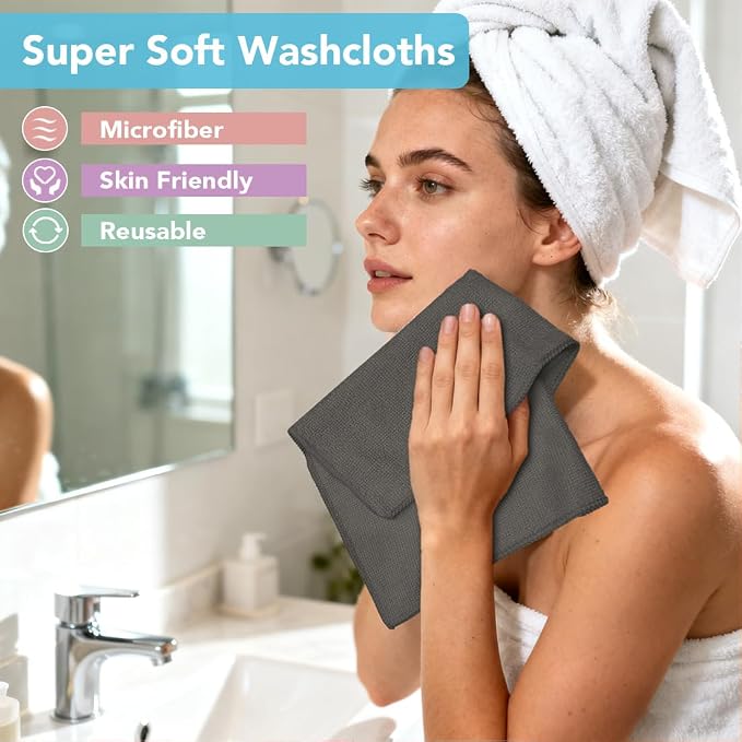 Orighty Washcloths, 5 Pack Microfiber Face Towels, 12x12 Inch Grey - Image 2