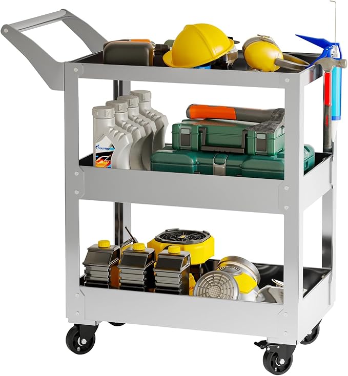 3-Tier Gauge Stainless Steel Multi-Functional cart, 1100-pound Heavy-Duty Wheeled Service cart, Wheeled Rolling Tool cart, Suitable for Mechanics, garages, workshops, Warehouses