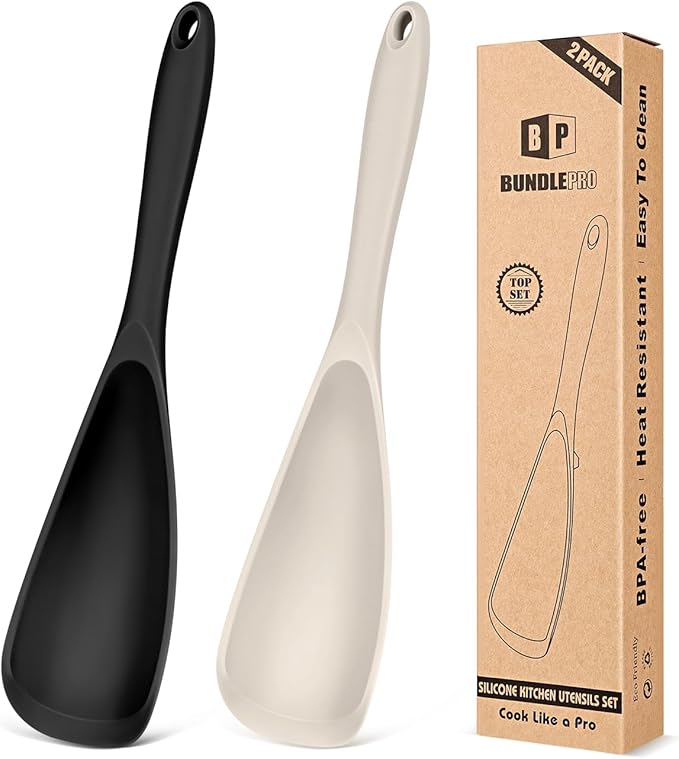 Pack of 2 Cooking Spoons for Non Stick Cookware, Multifunction Spatula Spoon BPA-Free, One-Piece Design, Suitable for Scooping, Scraping, Serving and Mixing(BLACK-KHAKI)