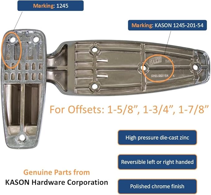 Kason 1245 Reversible Cam-Rise Hinge Chrome Finish for Freezer/Cooler/Refrigerator, 1245-201-54 (1-5/8" Offset)