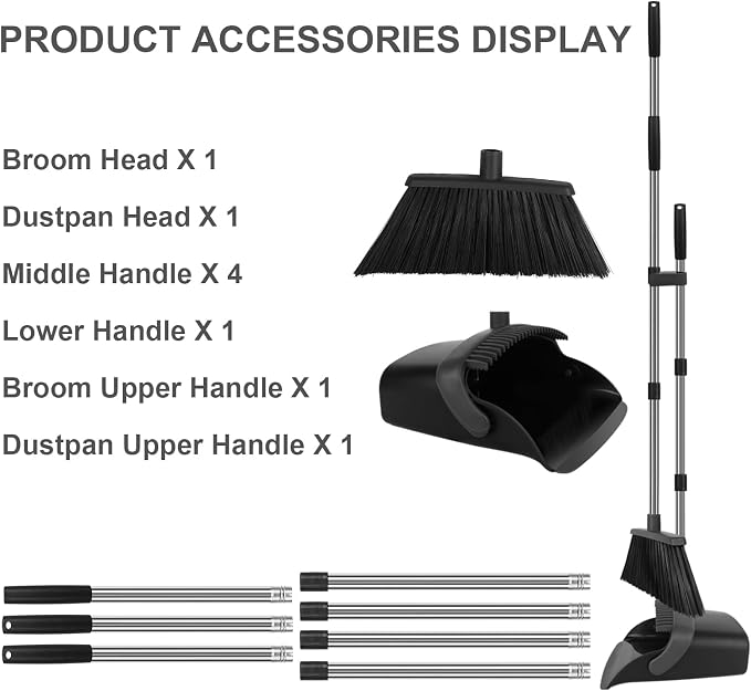 Black Broom and Dustpan Combo Set, Extended Reach Design, Built-in Comb Dustpan - Image 5