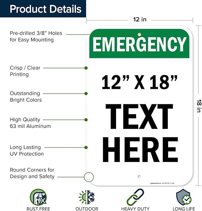 Custom Emergency Sign, OSHA Sign, 12x18 Inches, Rust Free .063 Aluminum, Fade Resistant, Made in USA by My Sign Center