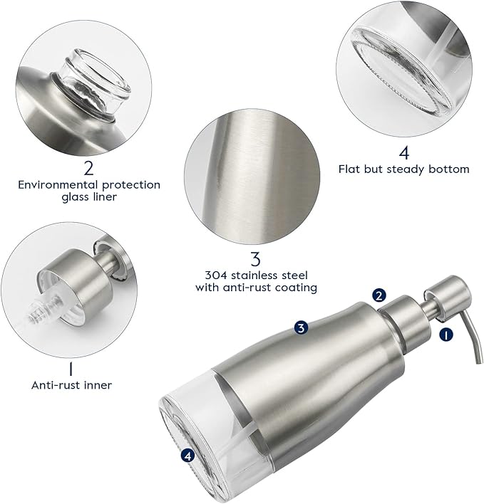 Gaussra 2 Pack Soap Dispenser - 11 OZ / 320 ML | Stainless Steel Case Glass - Image 4