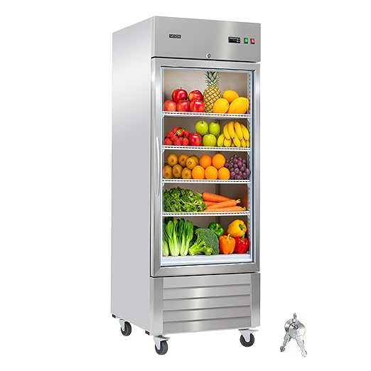 VEVOR Commercial Reach-In Refrigerator 29" W, 22 Cu.Ft Stainless Steel Upright Refrigerator with Single Glass Door, Auto-Defrost, 4 Adjustable Shelves, 32 to 50℉ Temp Control, ETL Certified