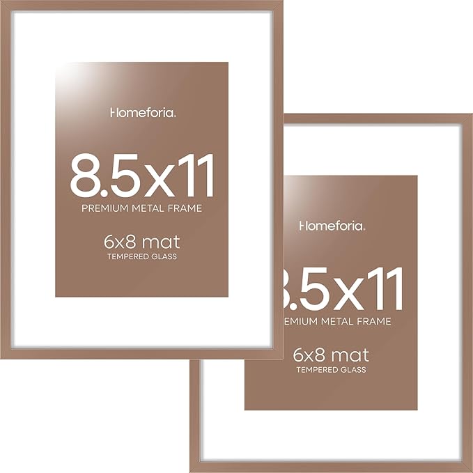 Homeforia Mocha Picture Frame 8.5 x 11, High End Metal 8.5x11 Poster Frames with Mat 6x8 Photo, 8.5 x 11 Frame Matted to 6 by 8 Art, 8.5by11 Wall or Tabletop Frames, Tempered Glass, Wall Kit, Set of 2