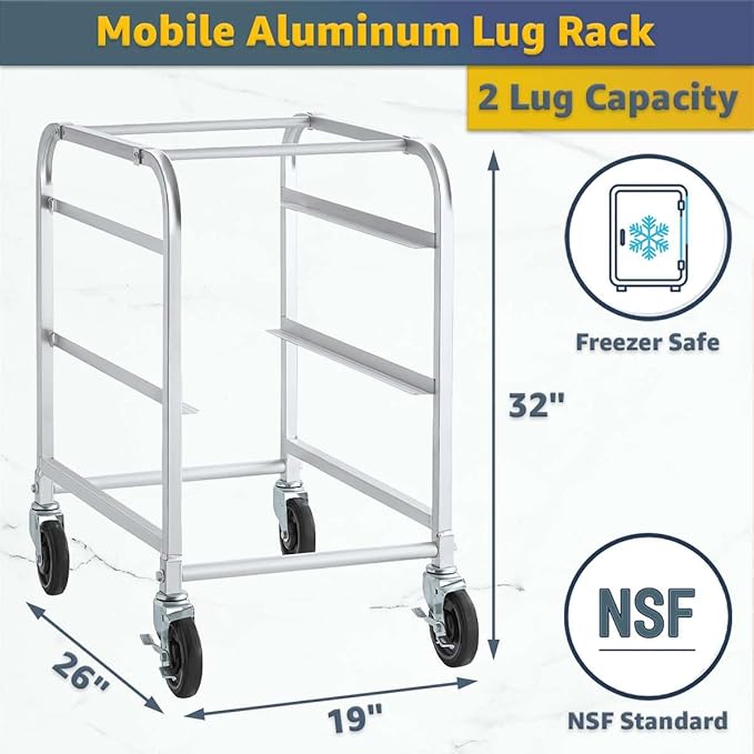 19"x26"x32" Mobile Aluminum Lug Rack with 2 Blue Meat Lugs / Tote Boxes - NSF Heavy-Duty Commercial Storage Cart, Portable Aluminum Utility Rack with Casters for Kitchen, Restaurant, or Food Prep