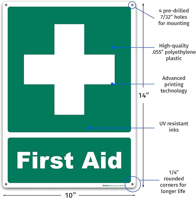 Brimar - 10" x 14" - First Aid Sign - Polyethylene Plastic - Bold Text And Symbol - Easy Installation