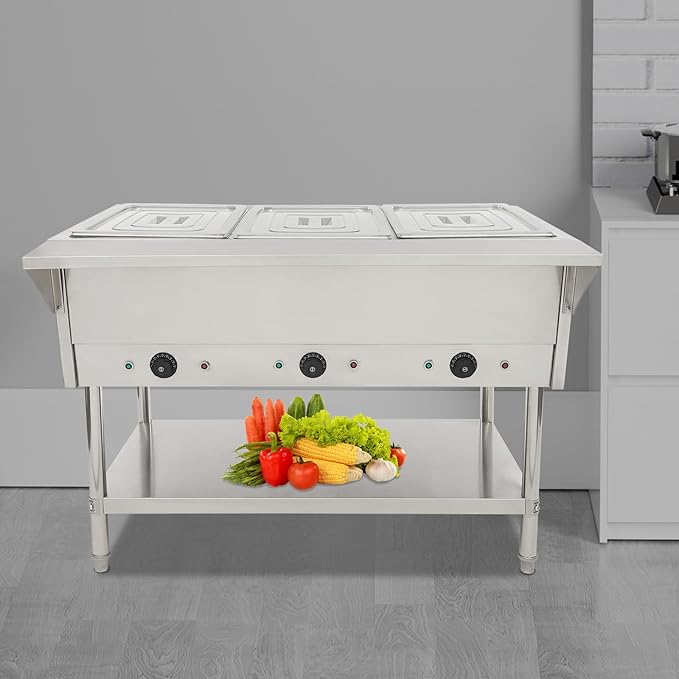 Commercial Electric Steam Table, 3-Pan Open Well Electric Stainless Steel Steam Table Food Warmer, Stainless Steel Steam Table, for Restaurant