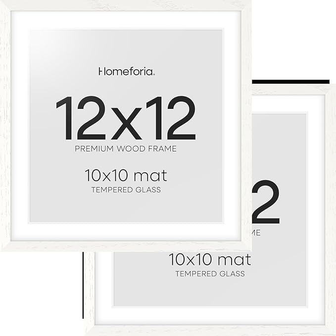 Homeforia 12x12 White Frame Wood, High End Oak 12 x 12 Square Picture Frames with Mat 10 by 10 inches Photo, 12by12 White Wooden Poster Frames Matted to 10x10 Print, Tempered Glass, Wall Kit, Set of 2