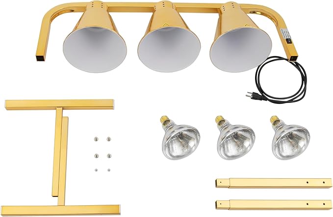 3-Head Food Heat Lamp Warmer Gold, 750W 3*Tungsten Bulb Buffet Display Heating Preservation Light for Buffet, 122℉ Insulation Electric Portable Heating Lamp Adjustable Height(Gold 3-Head)