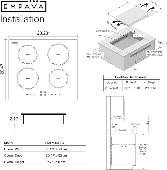 Empava 24 Inch Electric Induction Cooktop, 4 Burner Built-In Smooth Glass Stove Top with Power Boost, Touch Control, Timer, Child Lock, Residual Heat Indicator, Hardwired